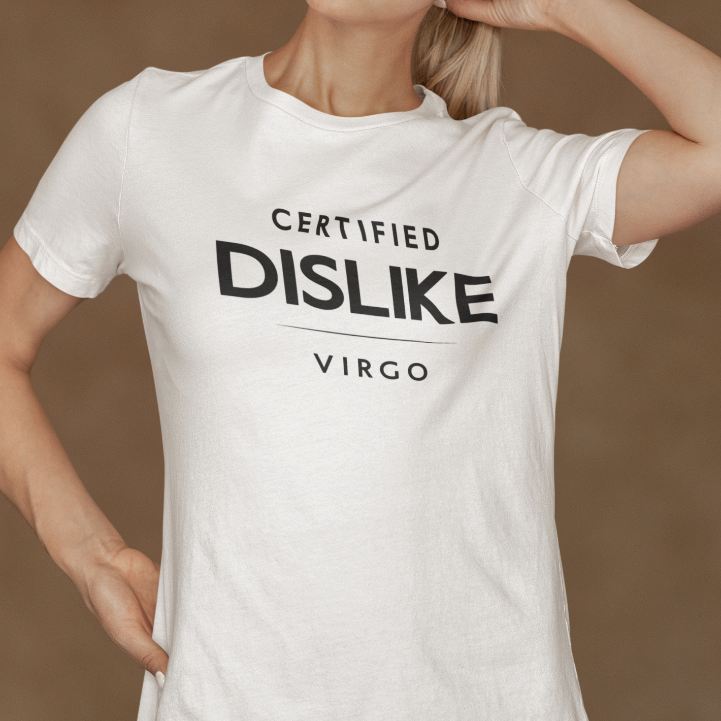 Model wearing Virgo zodiac t-shirt with Certified Dislike typography on white tee