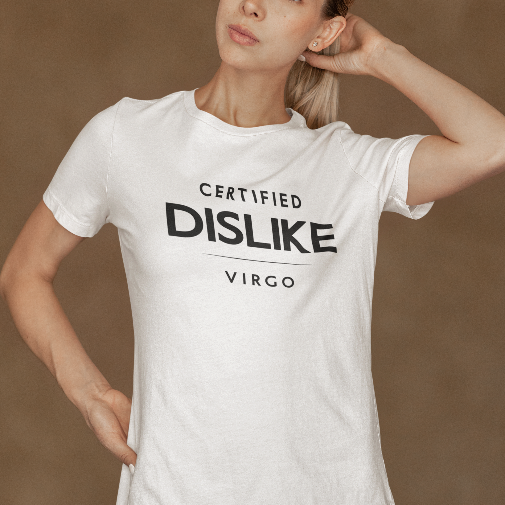Model wearing Virgo zodiac t-shirt with Certified Dislike typography on white tee