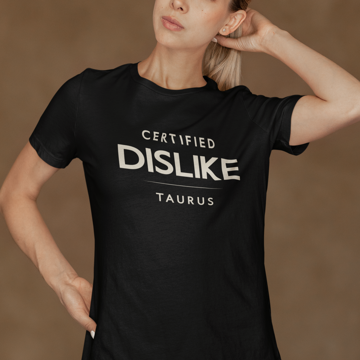 Model wearing Taurus zodiac t-shirt with Certified Dislike typography
