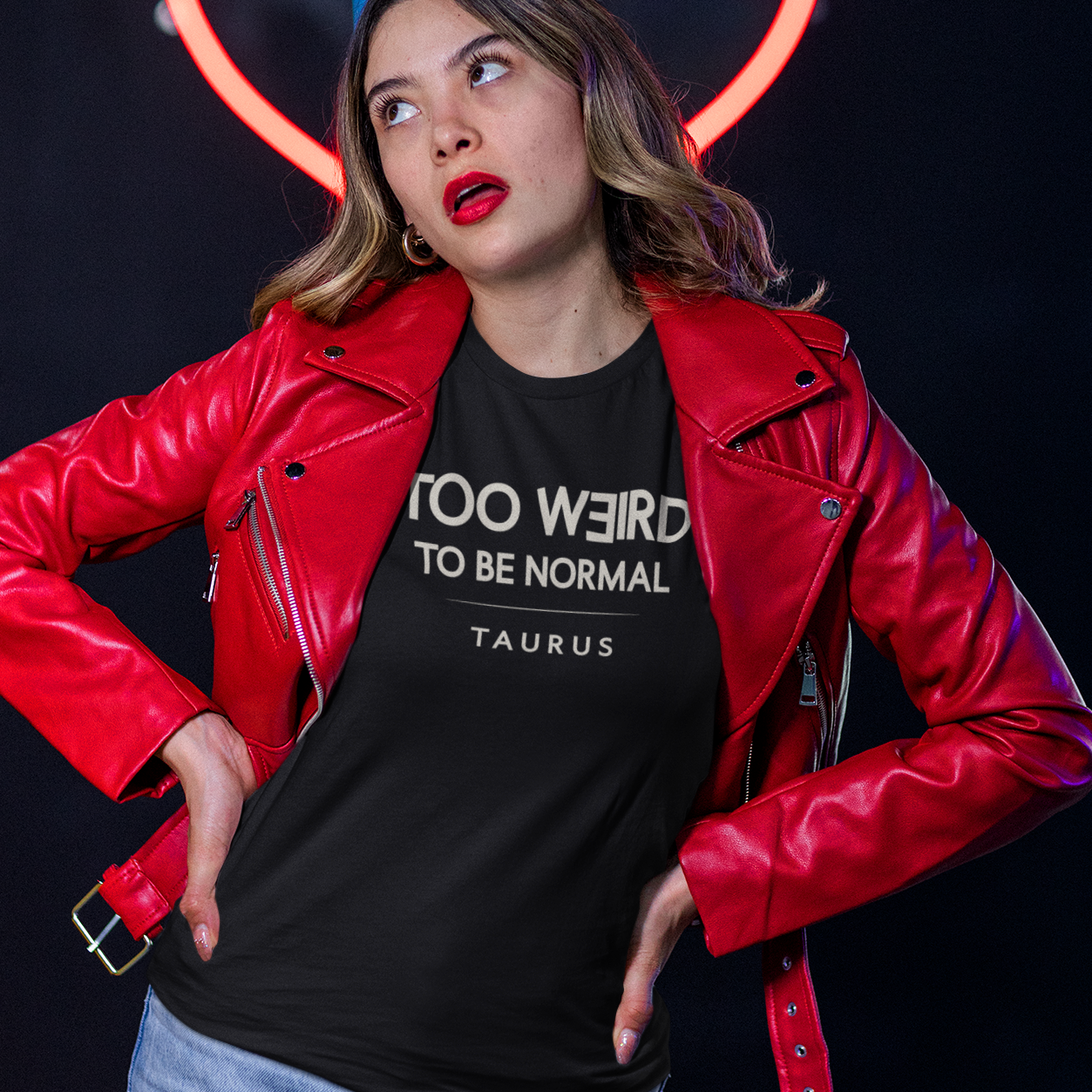 Model wearing Taurus zodiac t-shirt with “Too Weird to Be Normal” typography quote