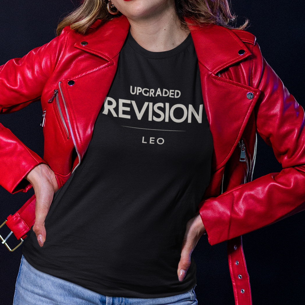 Model wearing Leo zodiac t-shirt with “Upgraded Revision” typography quote design