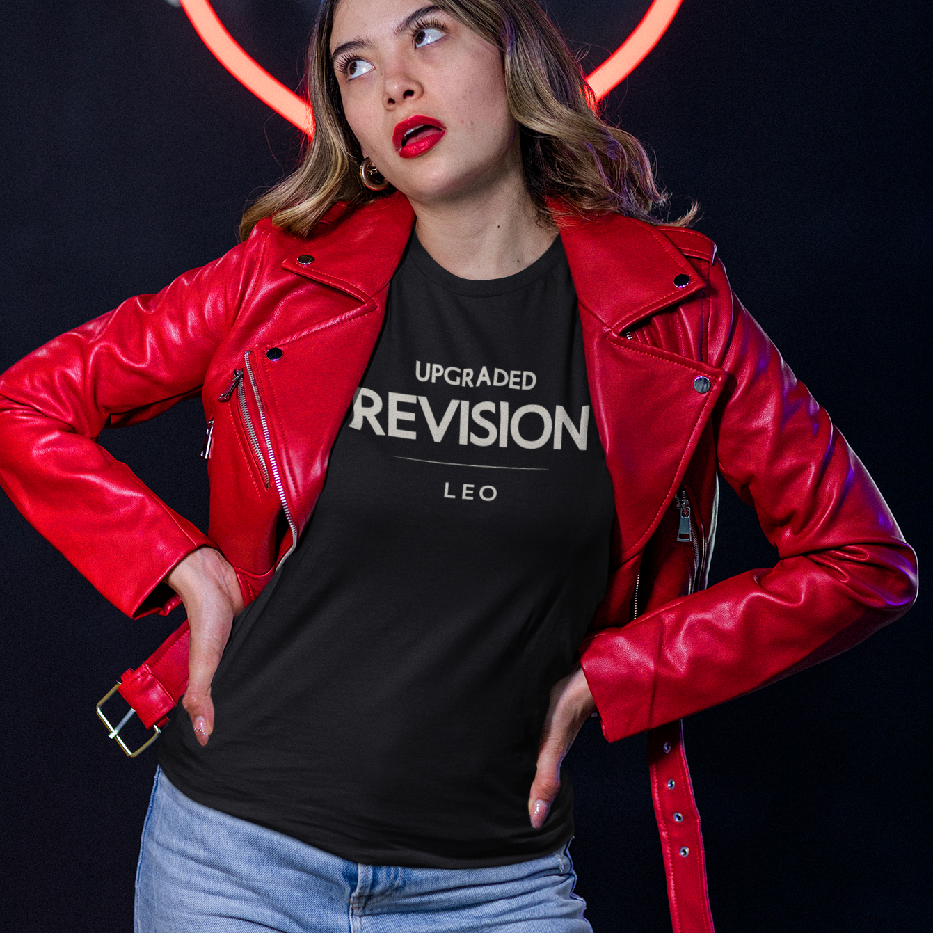 Model wearing Leo zodiac t-shirt with “Upgraded Revision” typography quote design