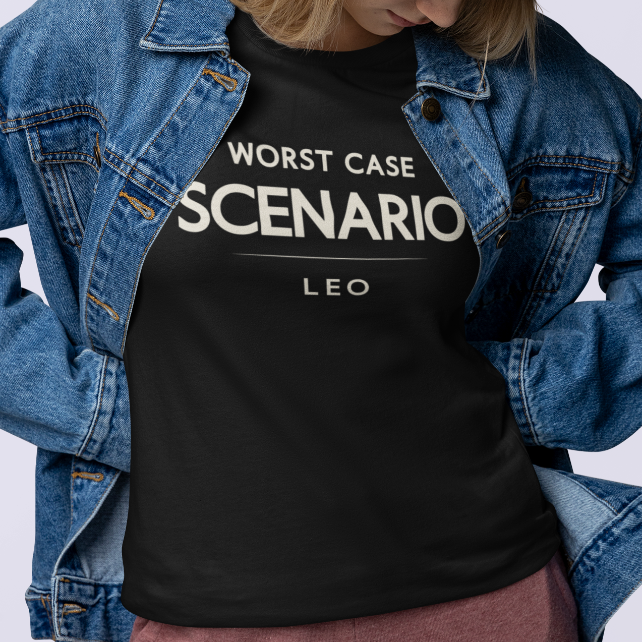 Model wearing Leo zodiac t-shirt with “Worst Case Scenario” typography quote design