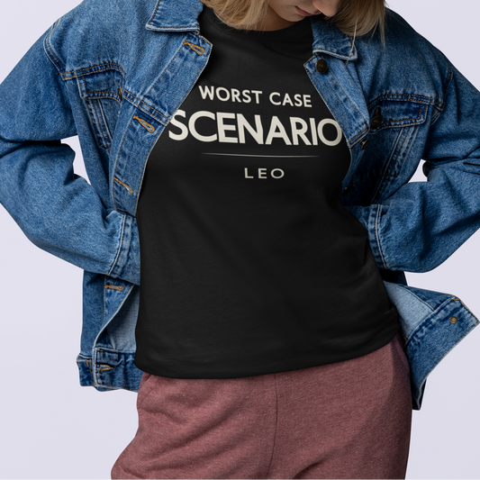 Model wearing Leo zodiac t-shirt with “Worst Case Scenario” typography quote design