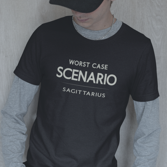 Model wearing Sagittarius zodiac t-shirt with “Worst Case Scenario” typography quote design