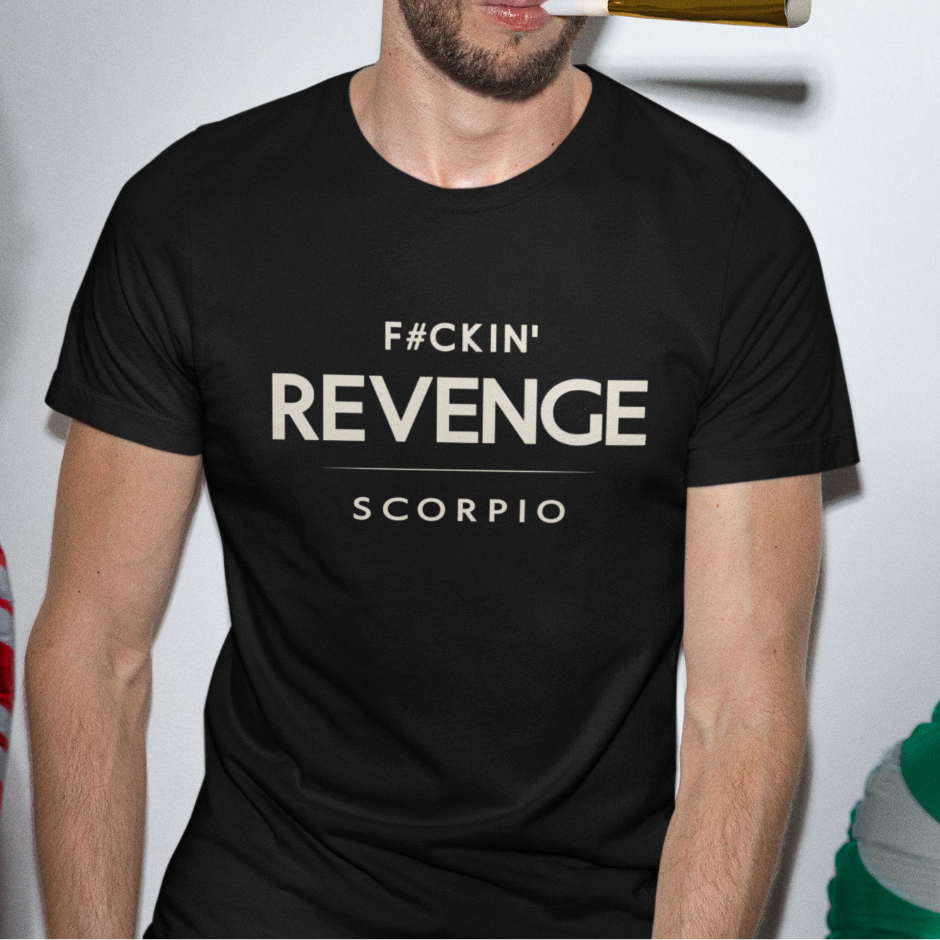 Model wearing Scorpio zodiac t-shirt with “F#ckin’ Revenge” typography quote design
