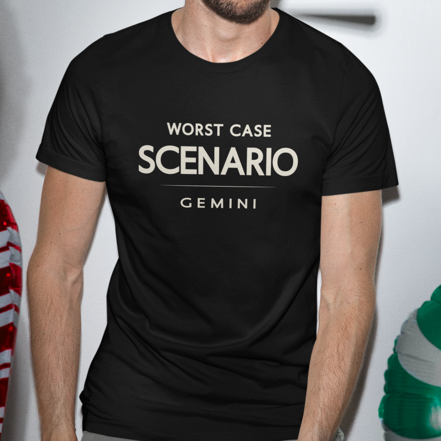 Model wearing Gemini zodiac t-shirt with “Worst Case Scenario” typography quote design