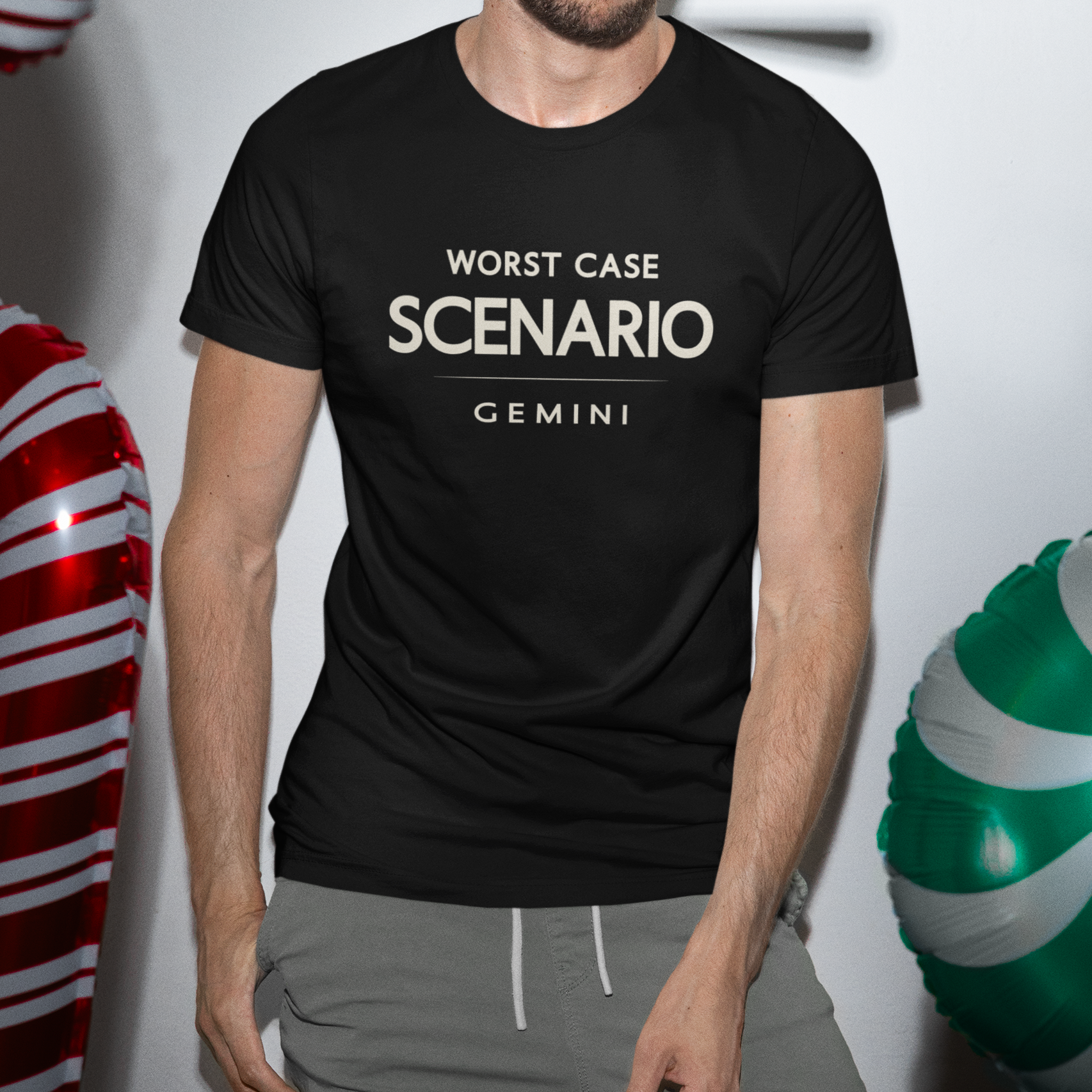 Model wearing Gemini zodiac t-shirt with “Worst Case Scenario” typography quote design
