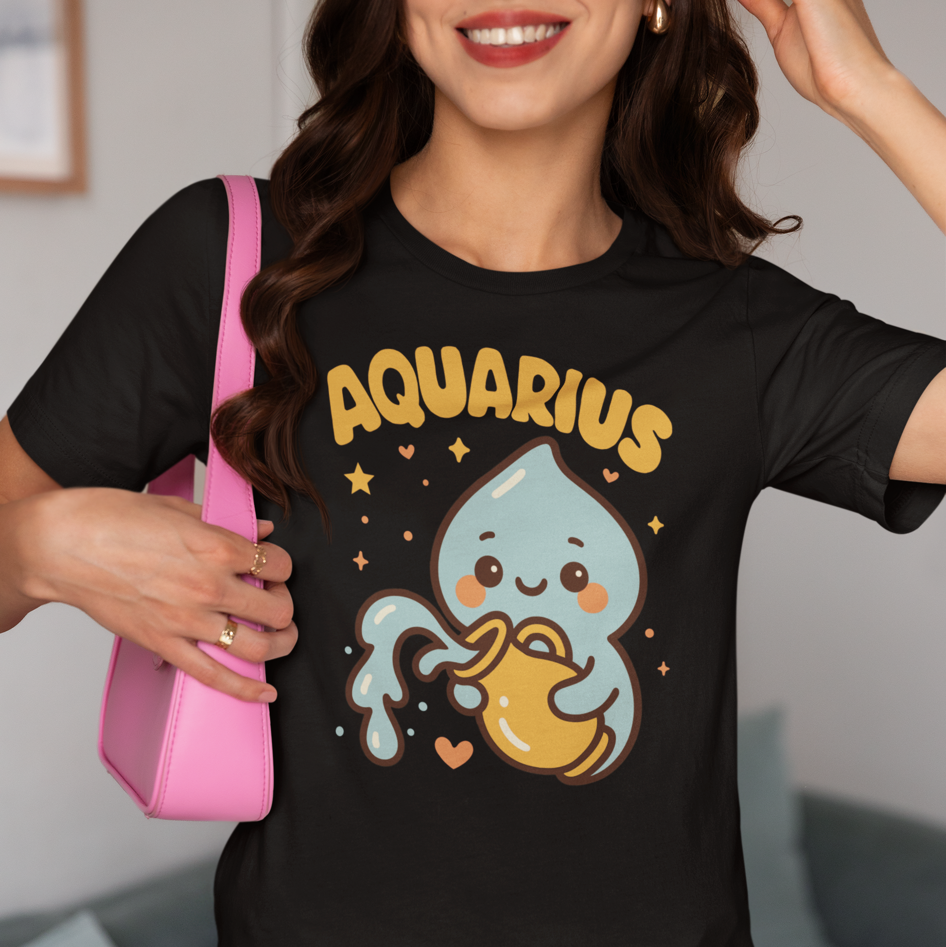 Model wearing Aquarius zodiac T-shirt with cute water bearer illustration.
