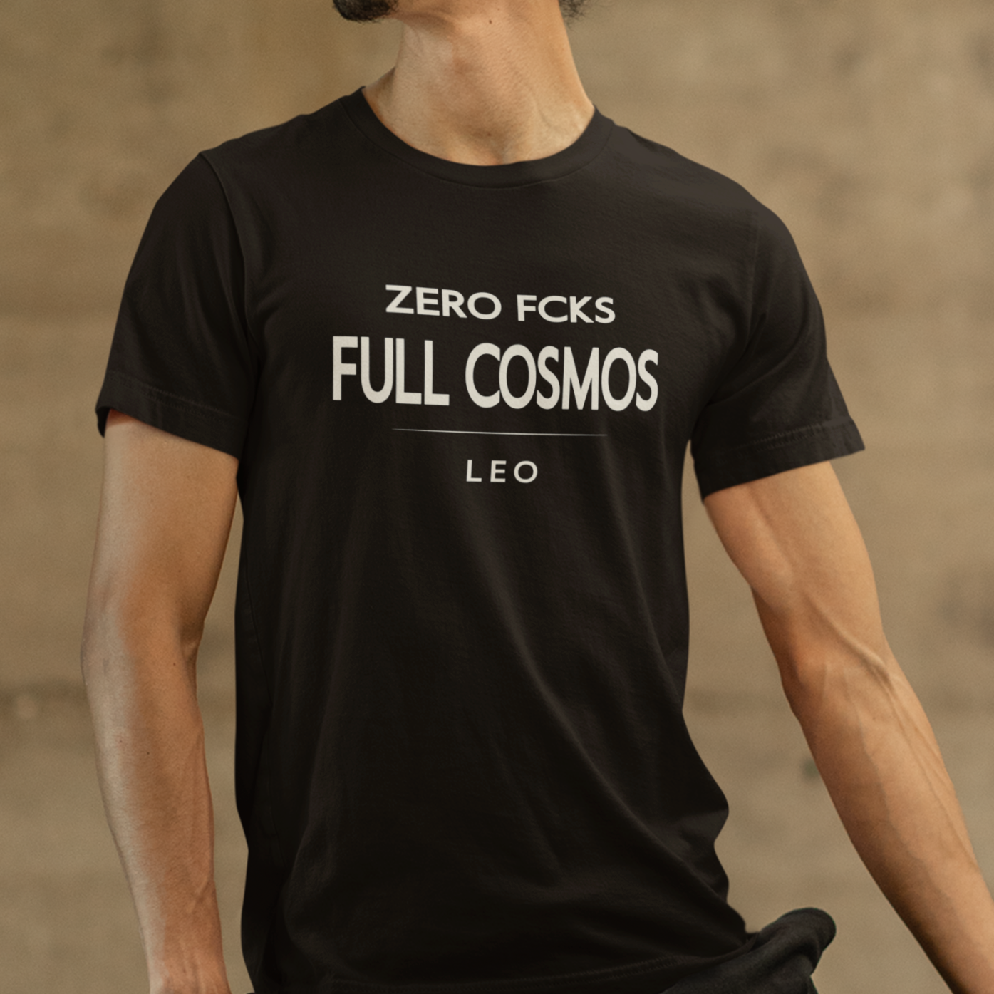Model wearing Leo zodiac t-shirt with “Zero Fcks Full Cosmos” typography quote