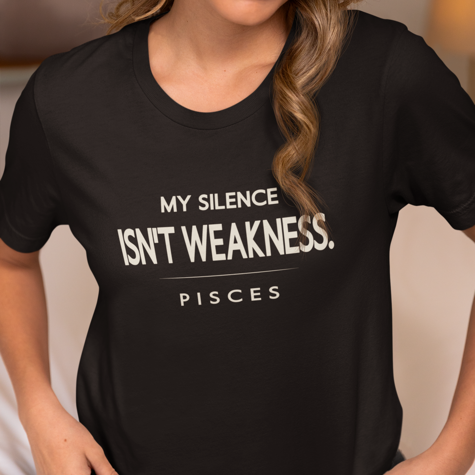 Model wearing Pisces zodiac t-shirt with “My Silence Isn’t Weakness” typography quote