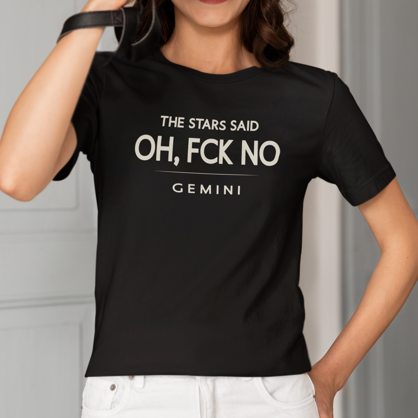 Model wearing Gemini zodiac t-shirt with “The Stars Said Oh, Fck No” typography quote