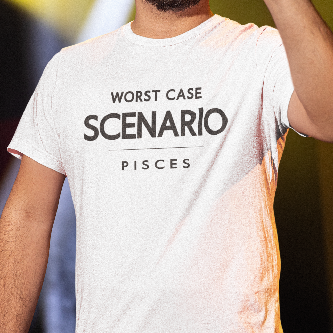 Model wearing Pisces zodiac t-shirt with “Worst Case Scenario” bold typography quote design.
