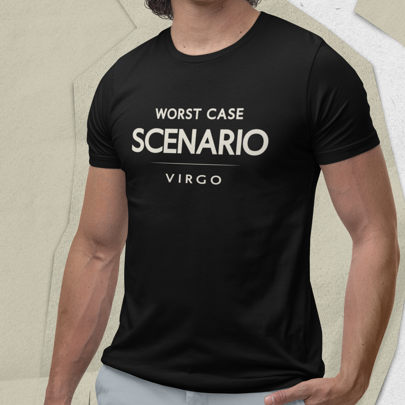 Person wearing Virgo zodiac t-shirt with “Worst Case Scenario” minimalist typography design
