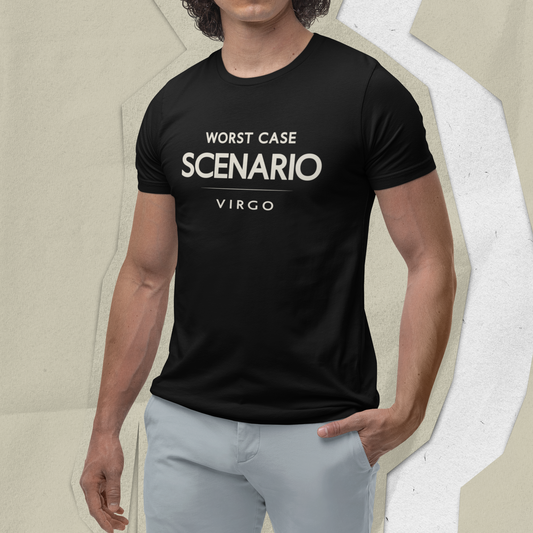 Person wearing Virgo zodiac t-shirt with “Worst Case Scenario” minimalist typography design