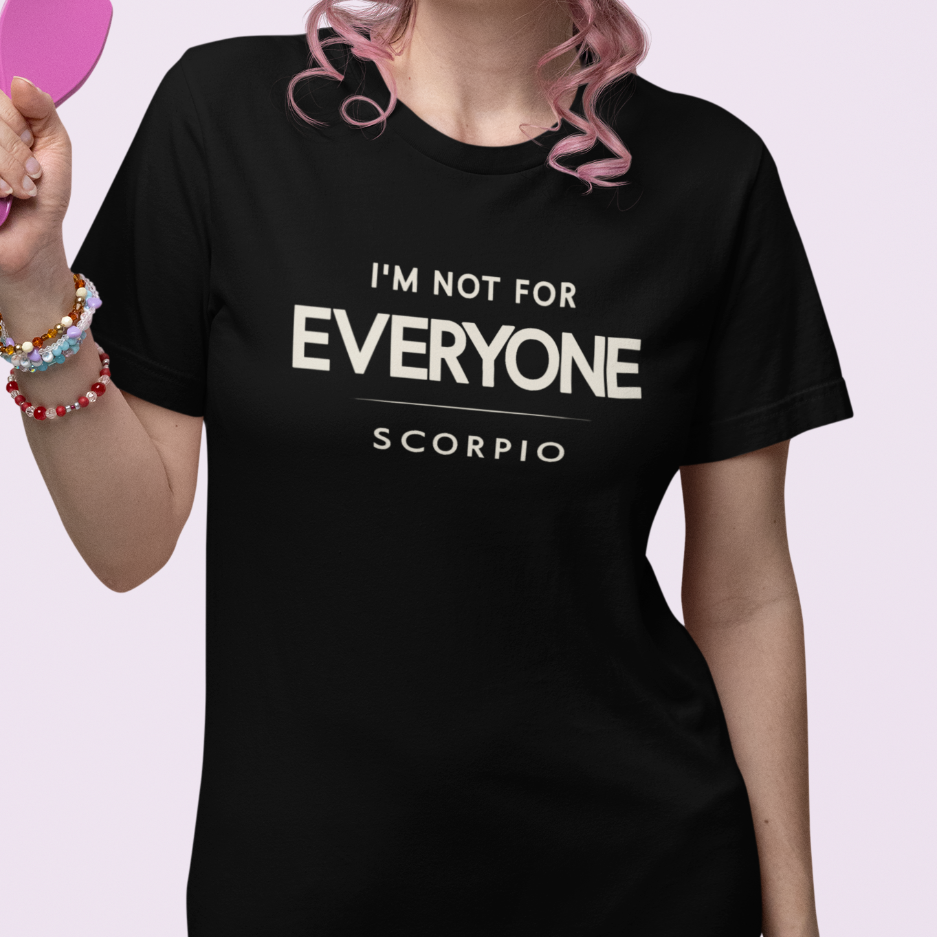 Model wearing Scorpio zodiac t-shirt with “I’m Not for Everyone” typography quote design