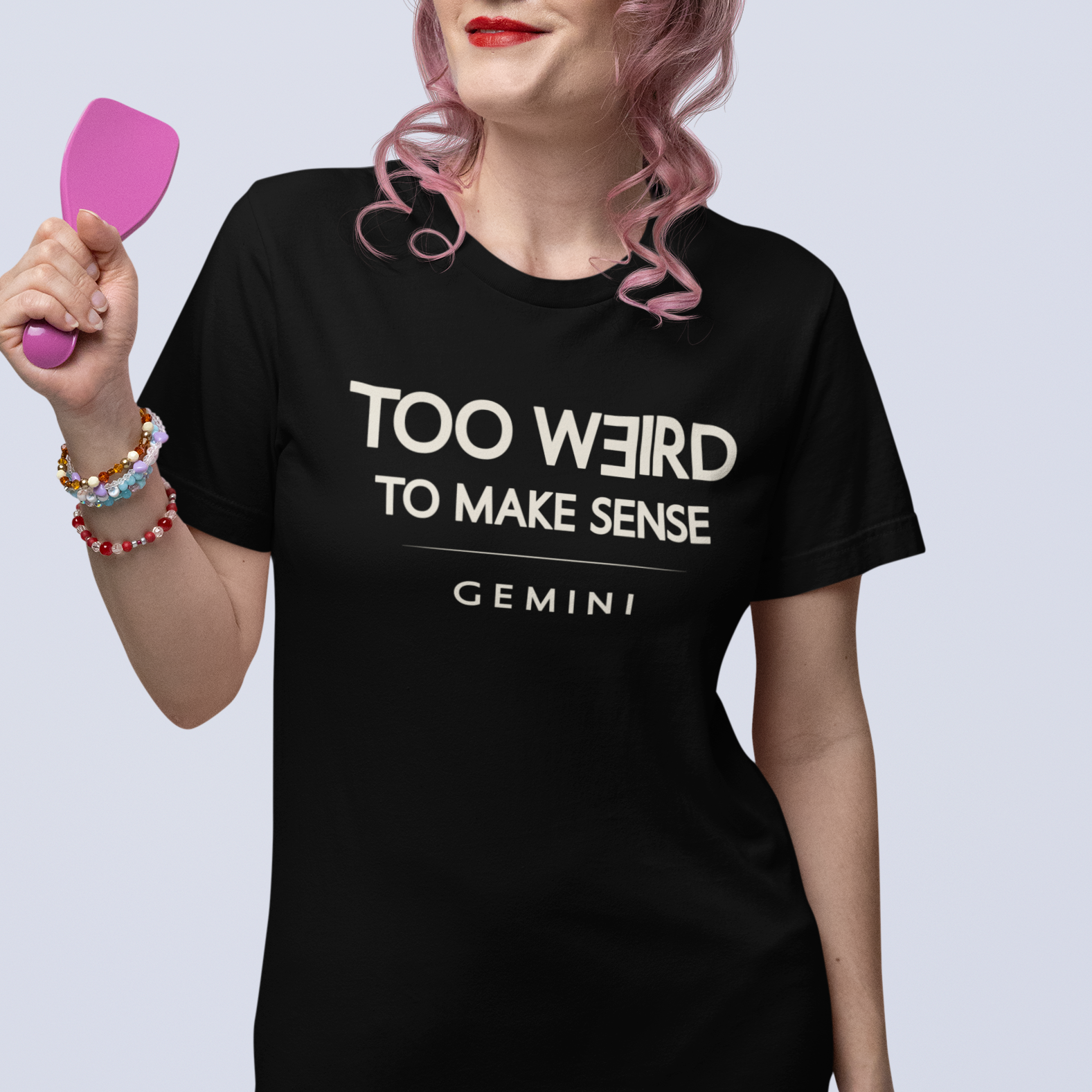 Model wearing Gemini zodiac t-shirt with “Too Weird to Make Sense” typography quote
