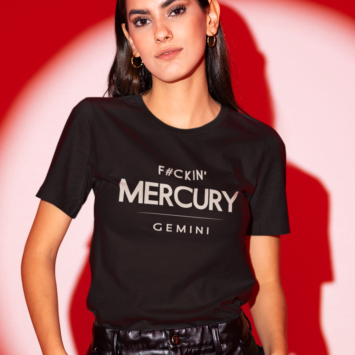 Model wearing Gemini zodiac t-shirt with F#ckin’ Mercury typography on black tee