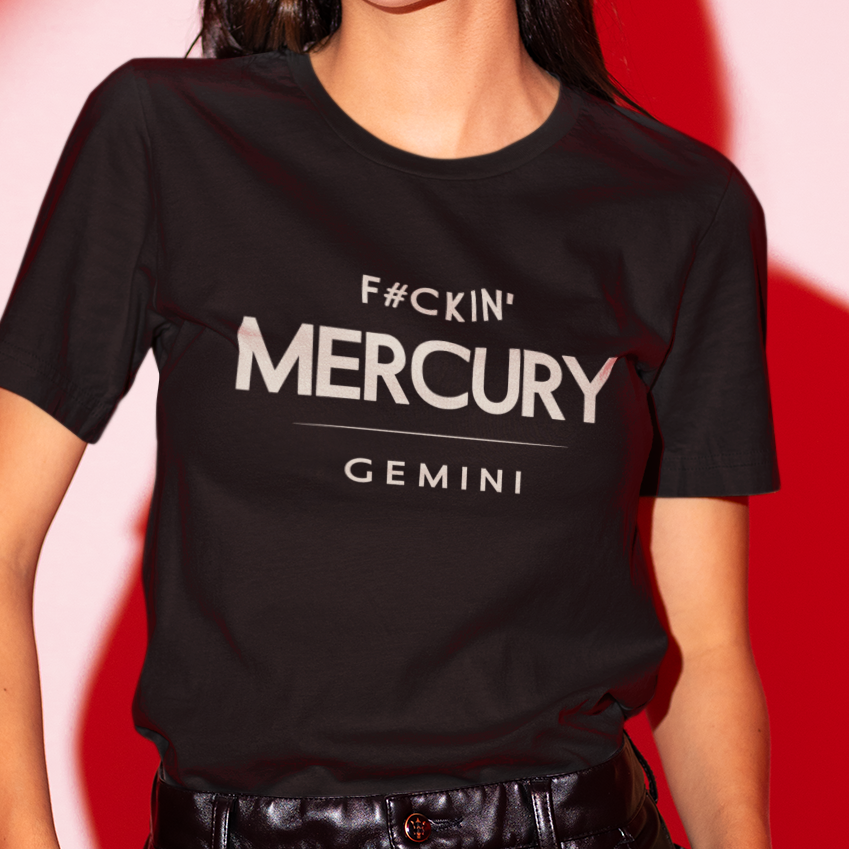 Model wearing Gemini zodiac t-shirt with F#ckin’ Mercury typography on black tee