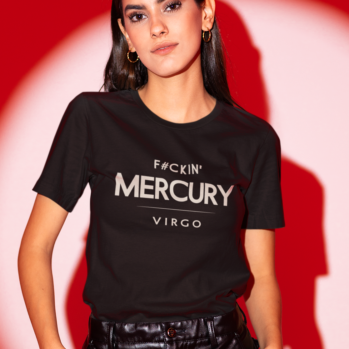 Model wearing Virgo zodiac t-shirt with F#ckin’ Mercury typography on black tee