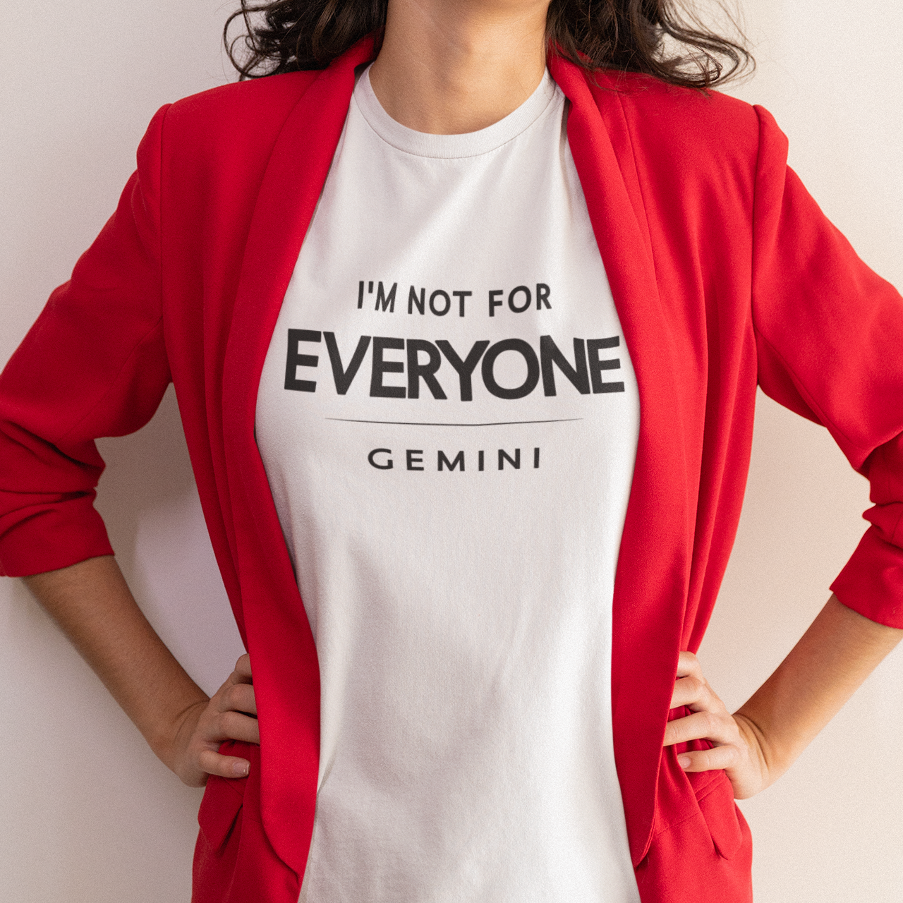Model wearing Gemini zodiac t-shirt with “I’m Not for Everyone” typography quote design
