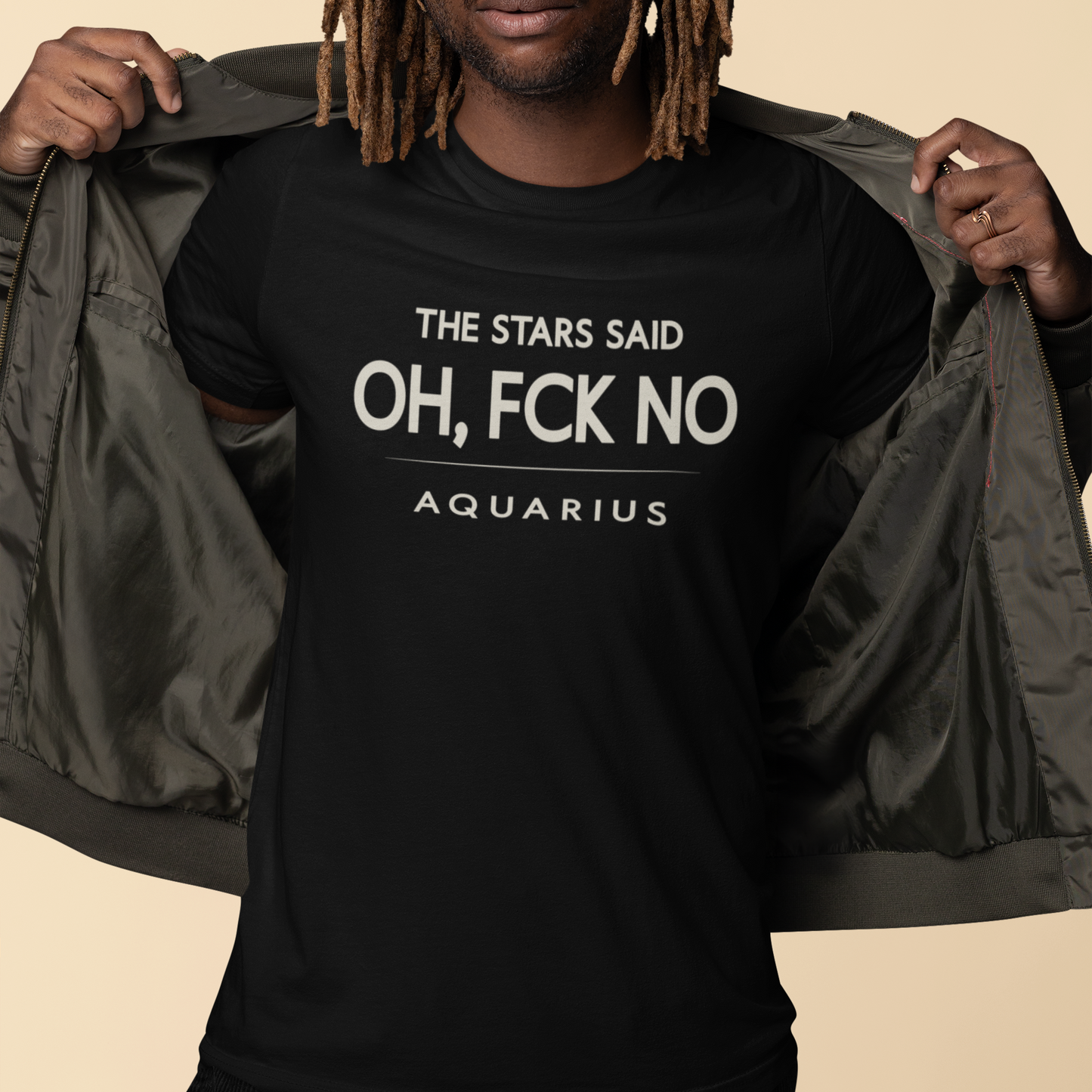 Model wearing Aquarius zodiac t-shirt with “The Stars Said Oh, FCK No” typography quote