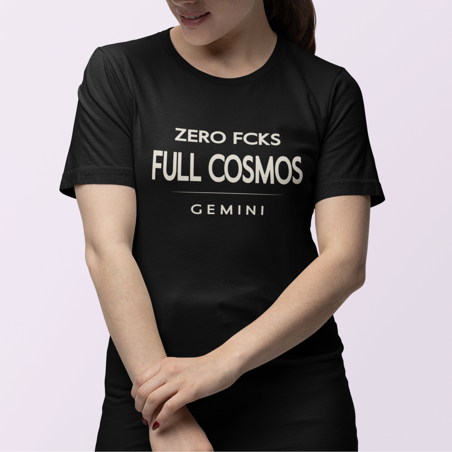 Model wearing Gemini zodiac t-shirt with “Zero Fcks Full Cosmos” typography quote