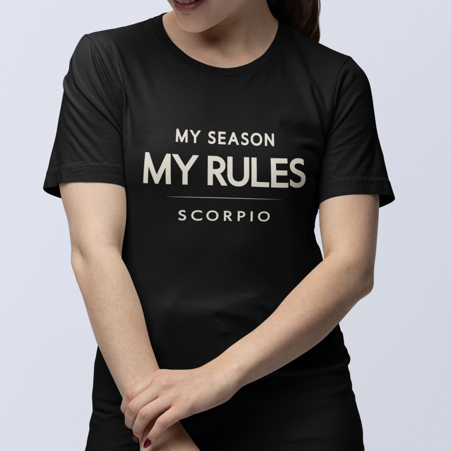 Model wearing Scorpio zodiac t-shirt with “My Season My Rules” typography quote