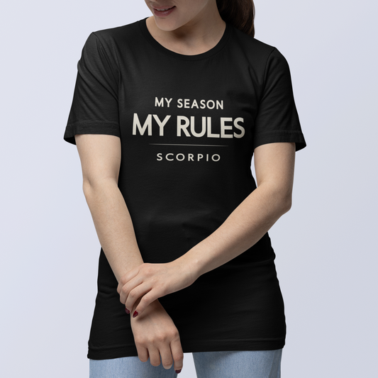 Model wearing Scorpio zodiac t-shirt with “My Season My Rules” typography quote