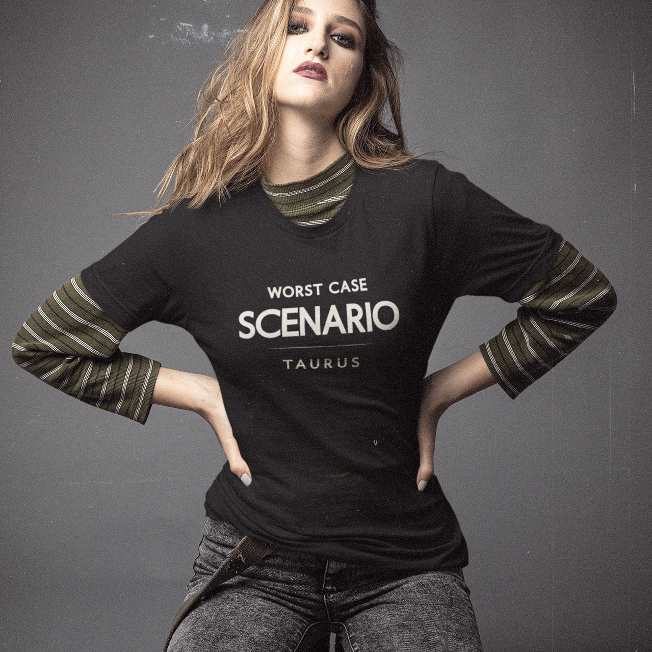 Model wearing Taurus zodiac t-shirt with “Worst Case Scenario” typography quote