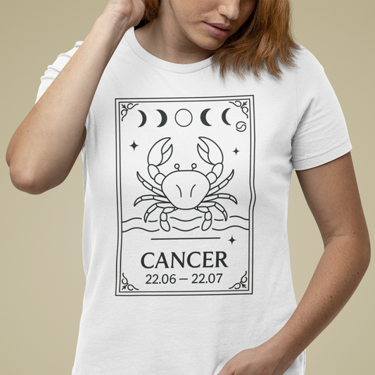 Model wearing Cancer zodiac t-shirt with minimalist crab card and moon phase design.