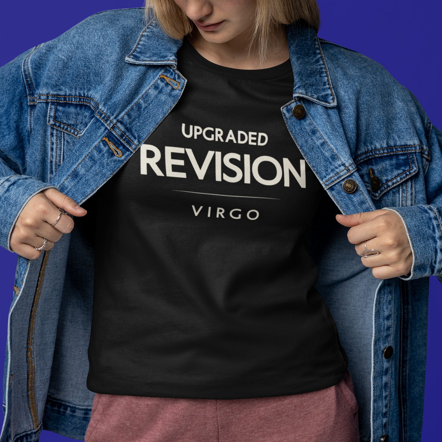Person wearing Virgo zodiac t-shirt with “Upgraded Revision” minimalist typography design