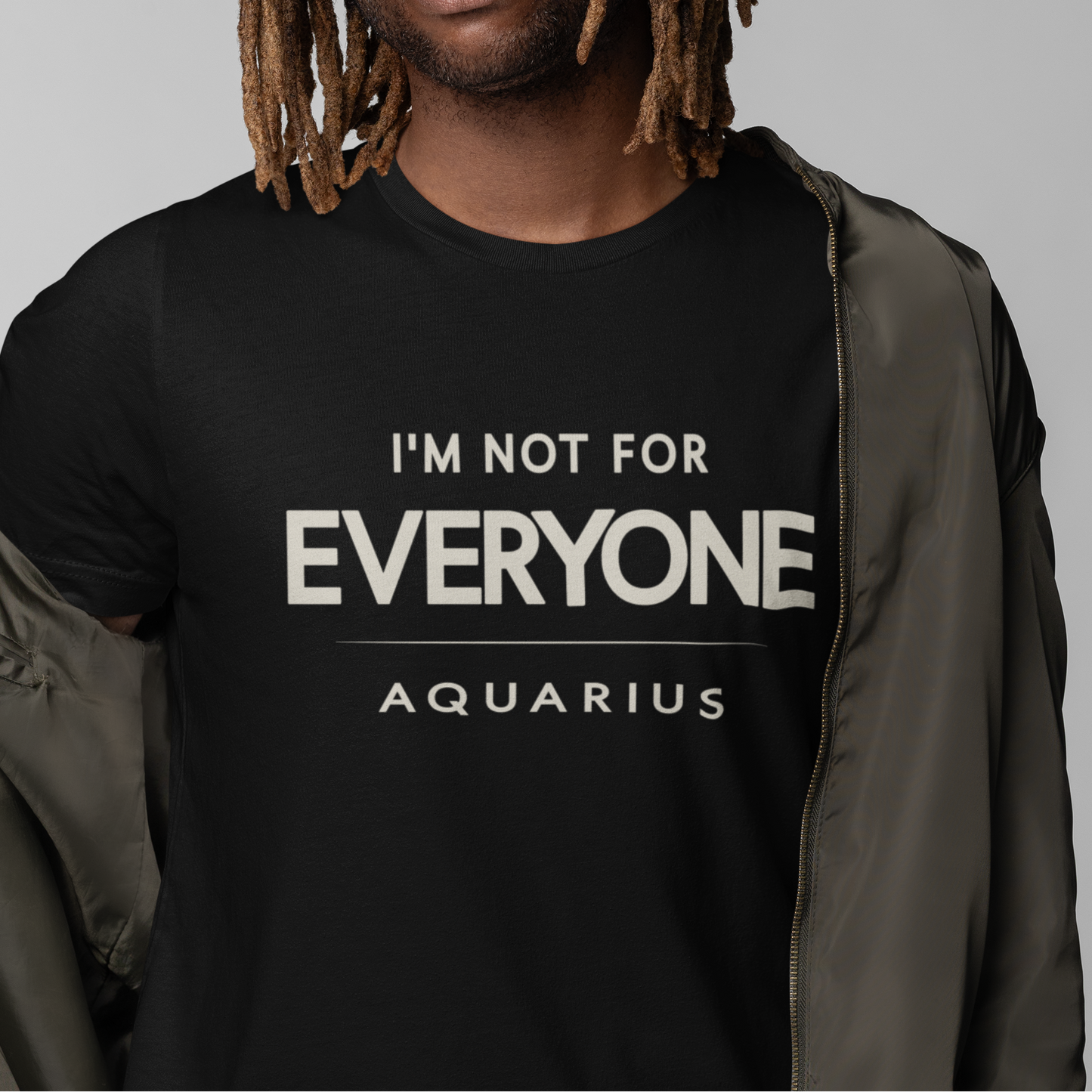 Model wearing Aquarius zodiac t-shirt with “I’m Not for Everyone” typography quote design