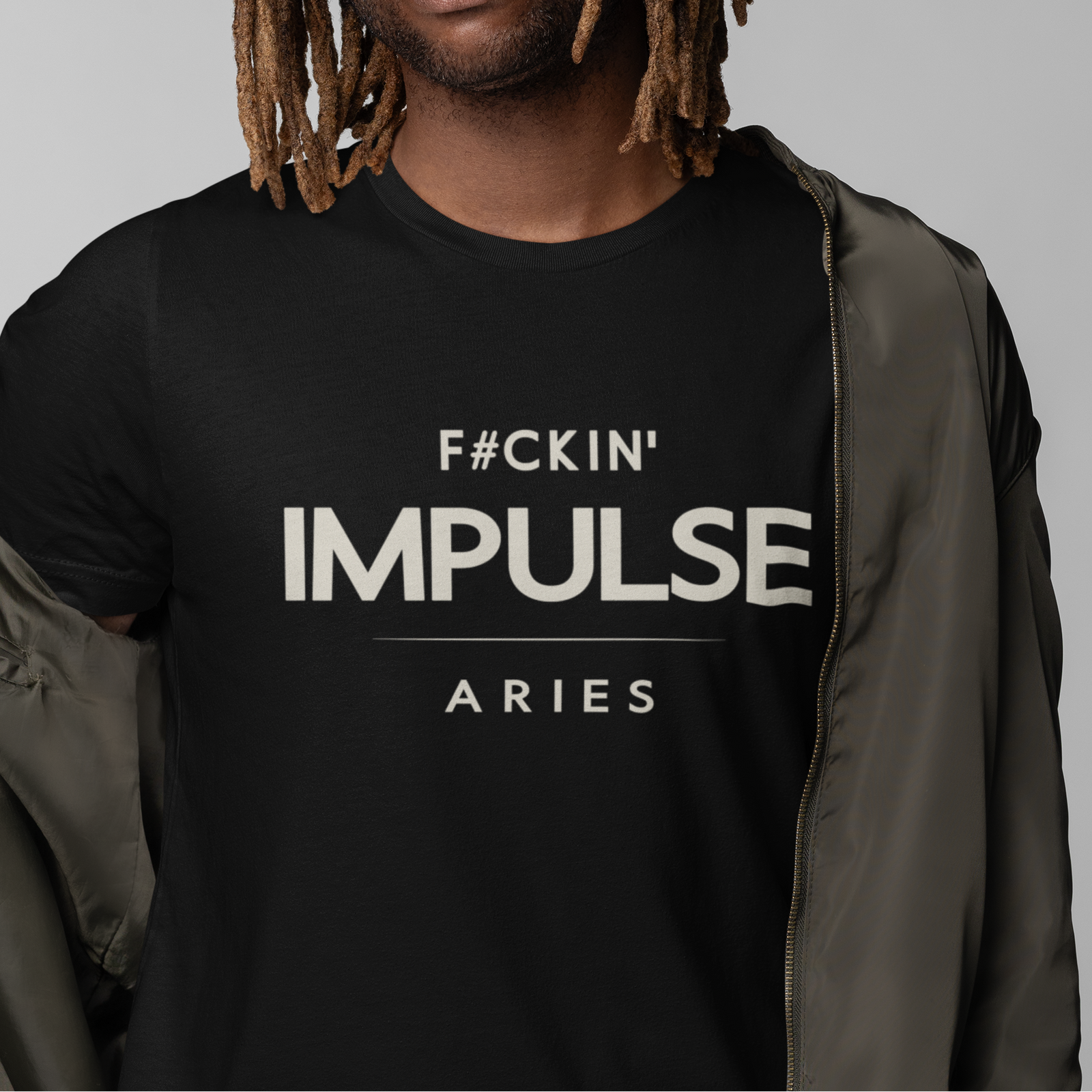 Model wearing Aries zodiac t-shirt with “F#ckin’ Impulse” typography quote design