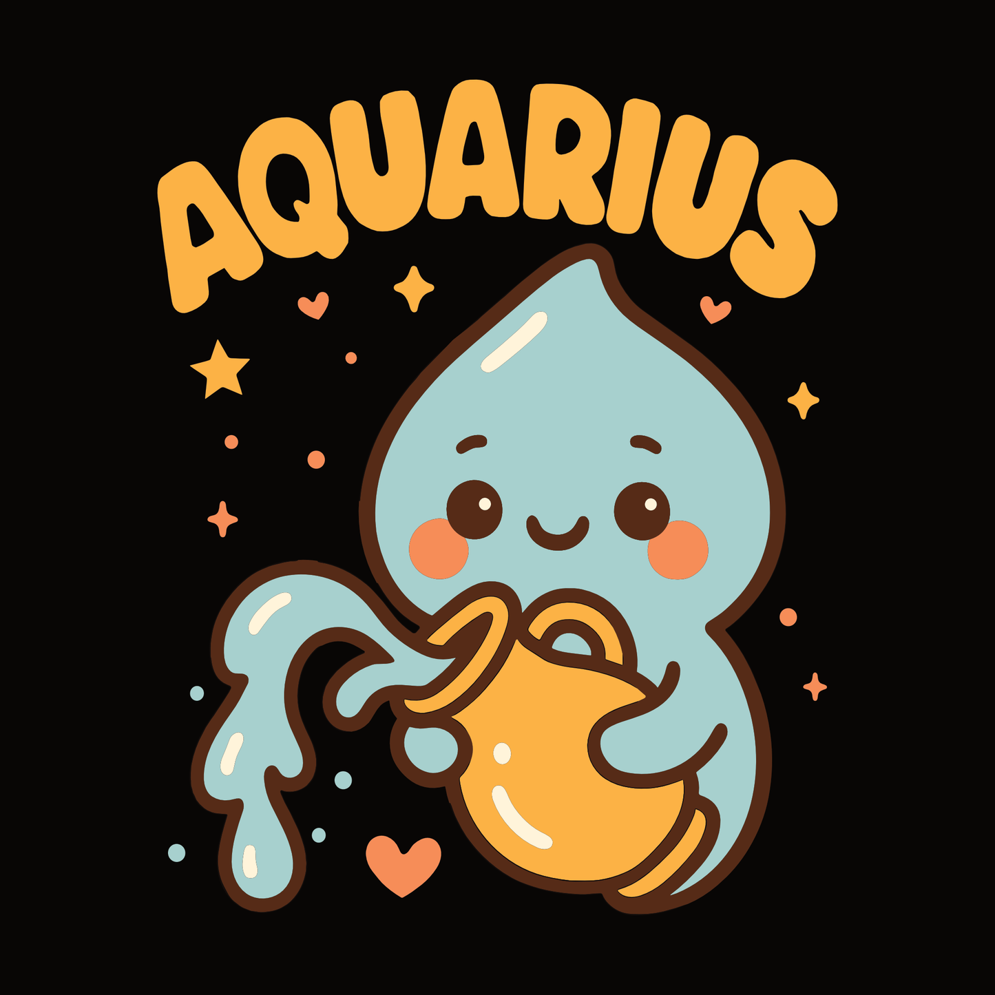 Aquarius T-shirt design featuring cute water bearer character with hearts and stars.