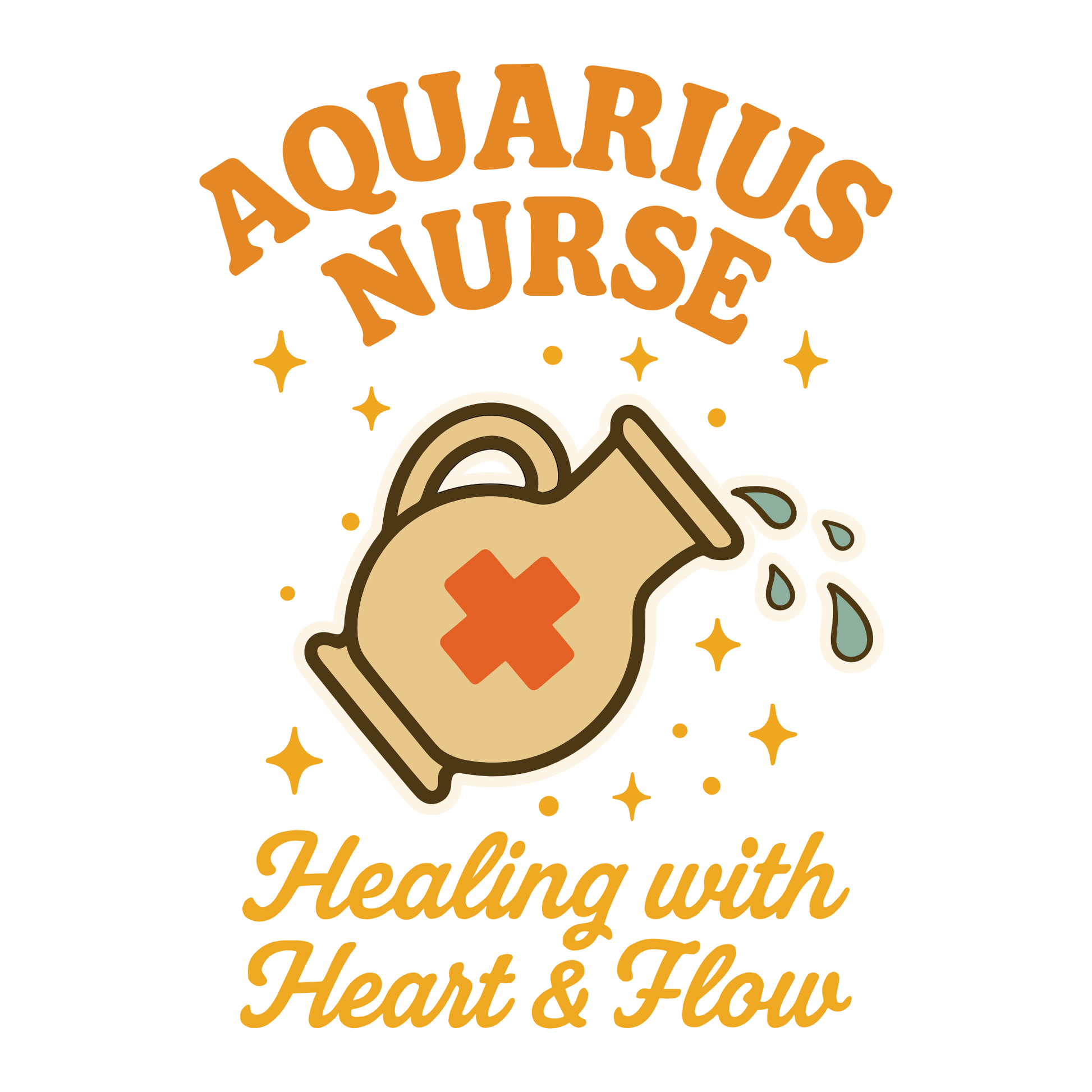 Aquarius nurse T-shirt design featuring healing jug illustration and heart details.