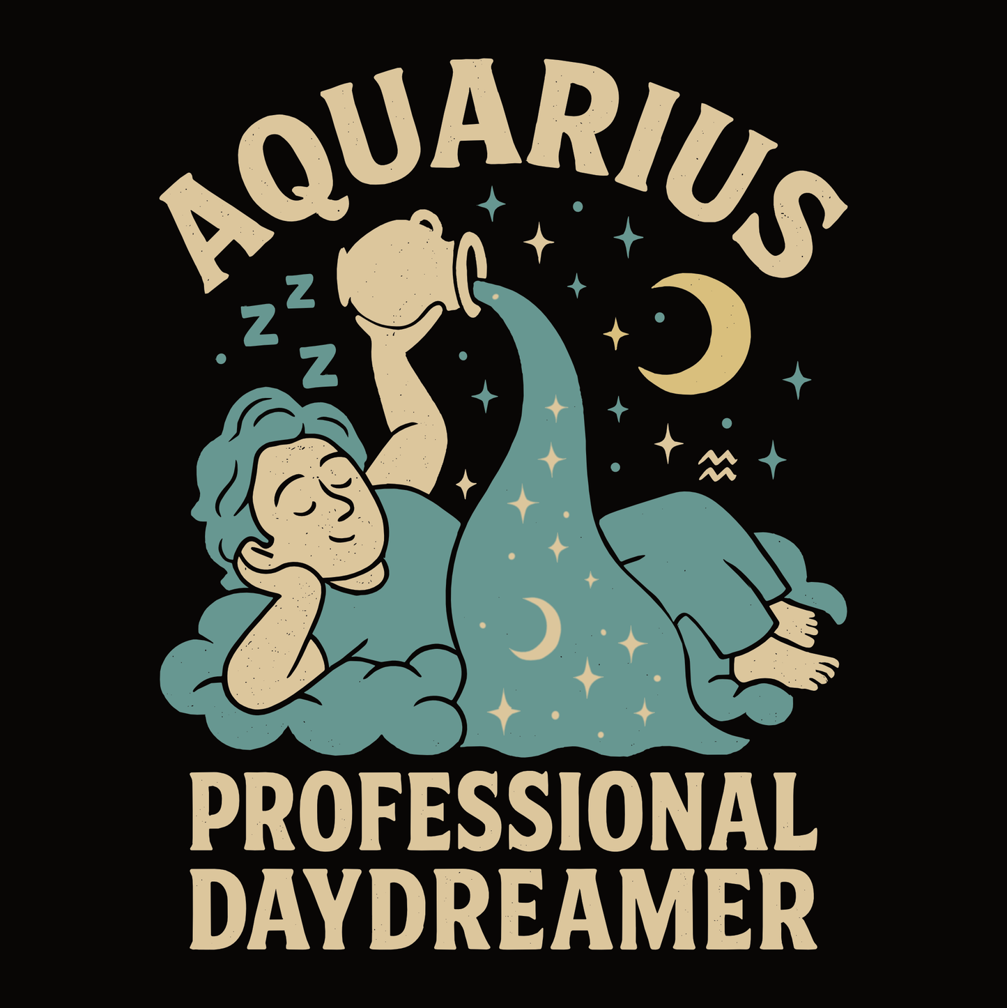Aquarius T-shirt design featuring dreamy character, moon details and professional daydreamer text.