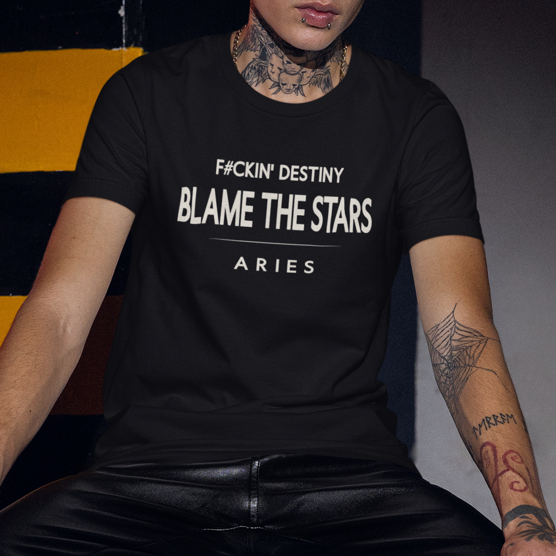 Model wearing Aries zodiac t-shirt with “Blame the Stars” typography quote