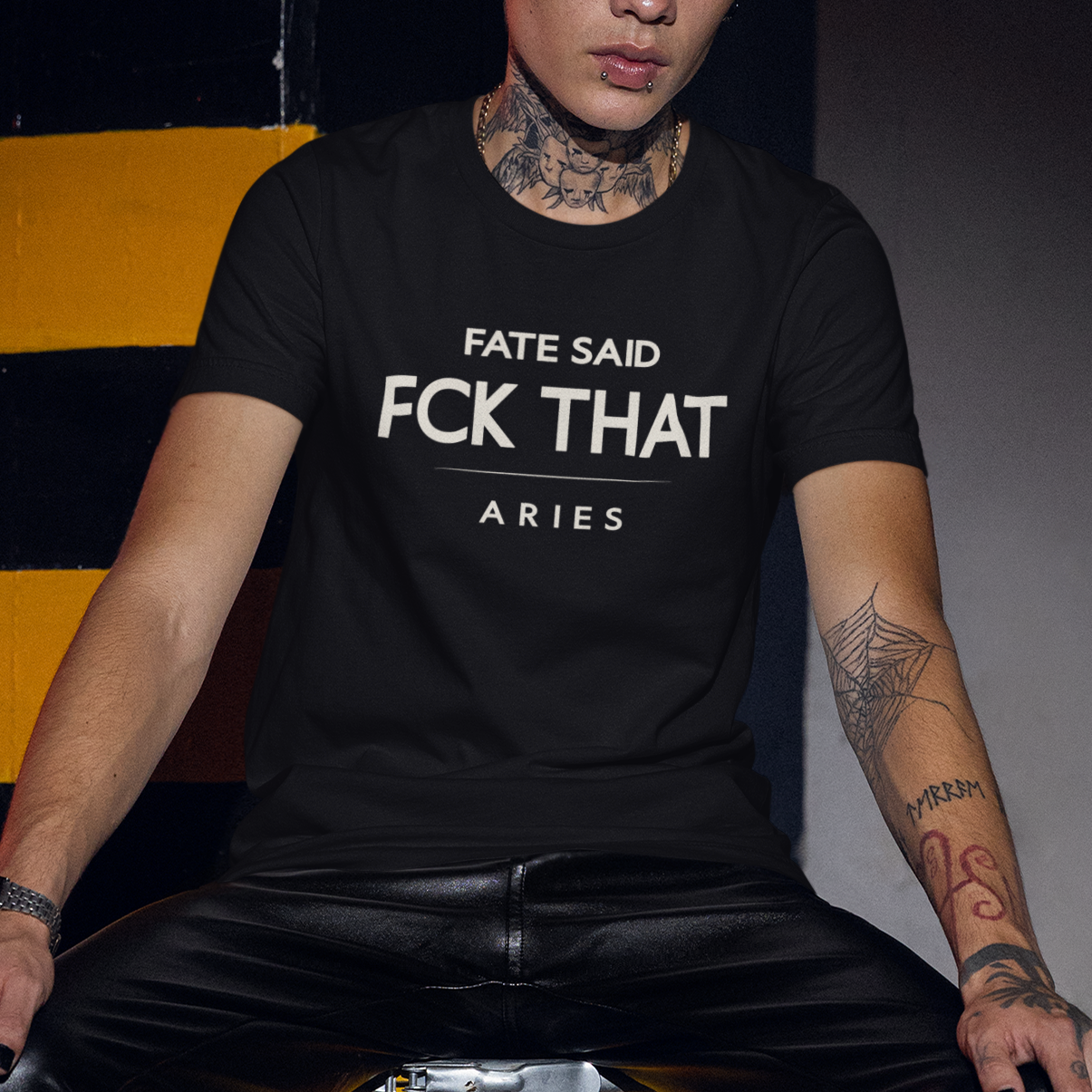 Model wearing Aries zodiac t-shirt with “Fate Said FCK That” typography quote