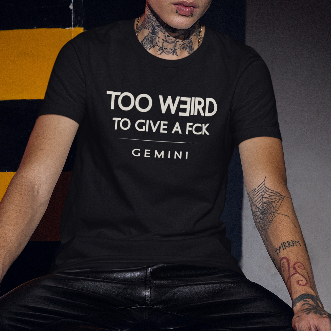 Model wearing Gemini zodiac t-shirt with “Too Weird to Give a FCK” typography quote