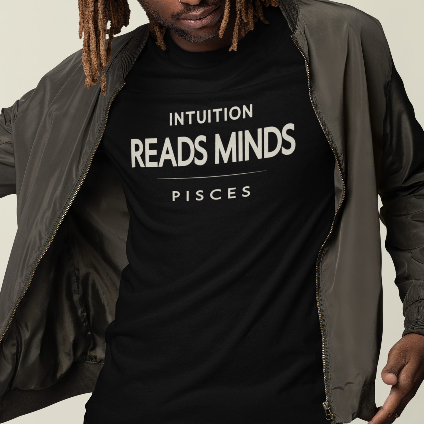 Model wearing Pisces zodiac t-shirt with “Intuition Reads Minds” typography quote