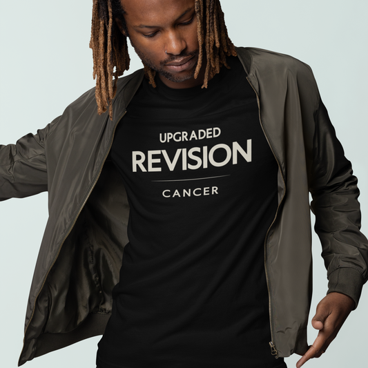 Model wearing Cancer zodiac t-shirt with “Upgraded Revision” typography quote design