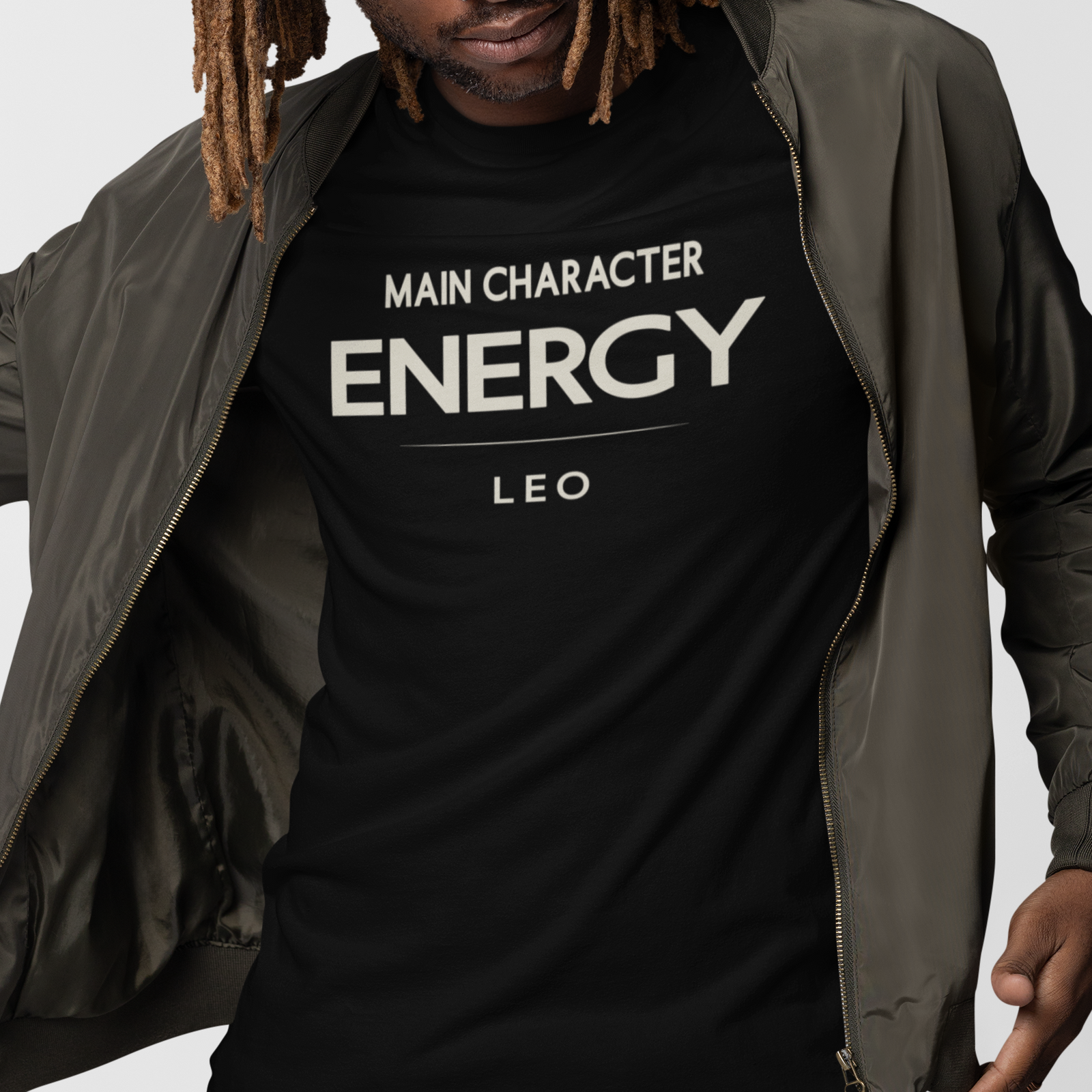 Model wearing Leo zodiac t-shirt with bold “Main Character Energy” typography quote