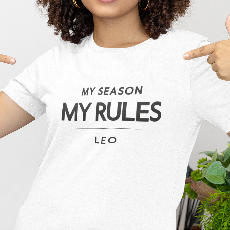 Model pointing at Leo zodiac t-shirt with “My Season My Rules” bold typography quote