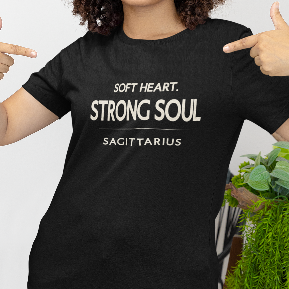 Model wearing Sagittarius zodiac t-shirt with “Soft Heart Strong Soul” typography quote