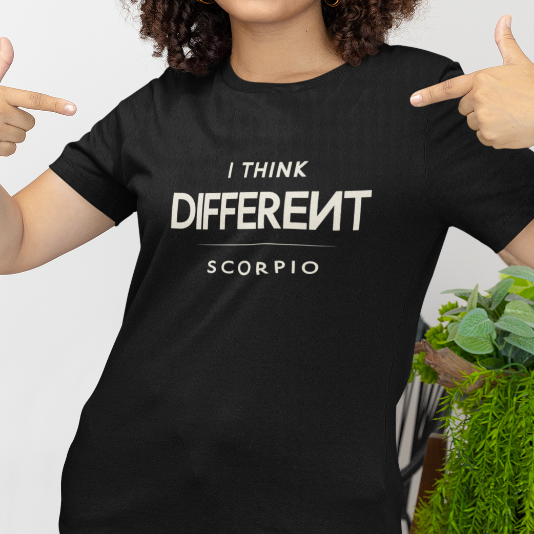 Model wearing Scorpio zodiac t-shirt with “I Think Different” typography quote design