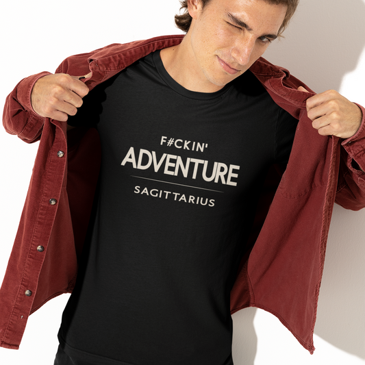 Model wearing Sagittarius zodiac t-shirt with “F#ckin’ Adventure” typography quote design