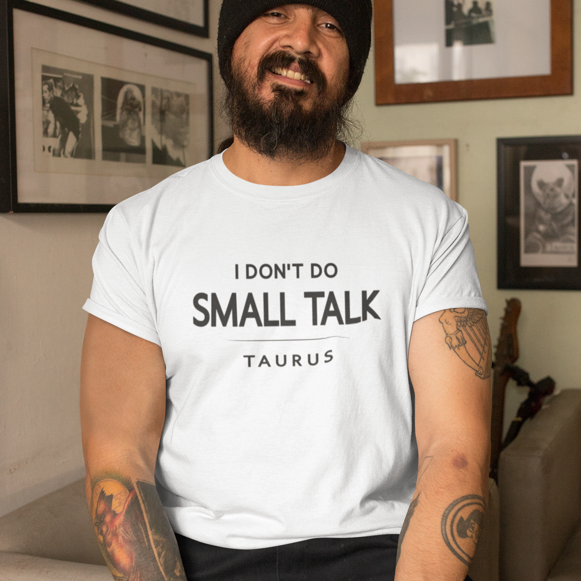 Model wearing Taurus zodiac t-shirt with “I don’t do small talk” bold typography quote