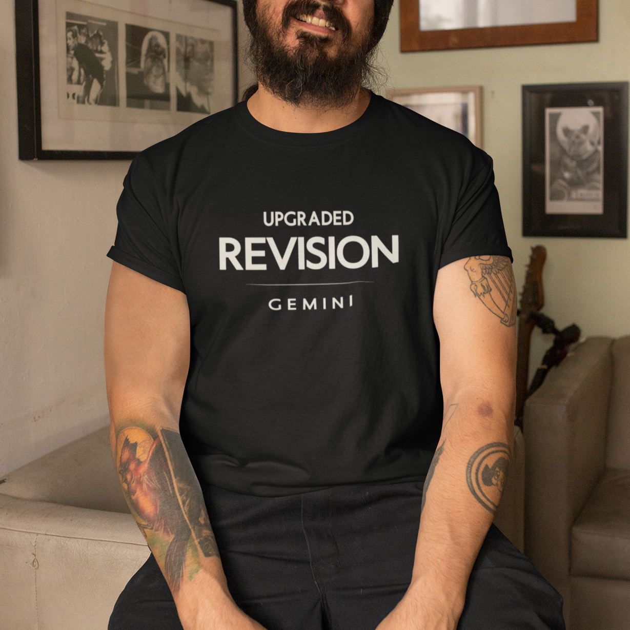 Model wearing Gemini zodiac t-shirt with “Upgraded Revision” typography quote design