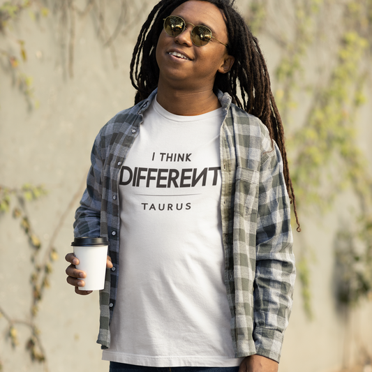 Model wearing Taurus zodiac t-shirt with “I Think Different” typography quote design